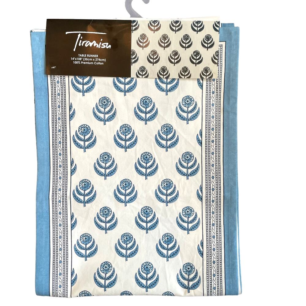 TIRAMISU Spring Summer Blue Floral 100% Premium Cotton 14 X 108 Table Runner NEW